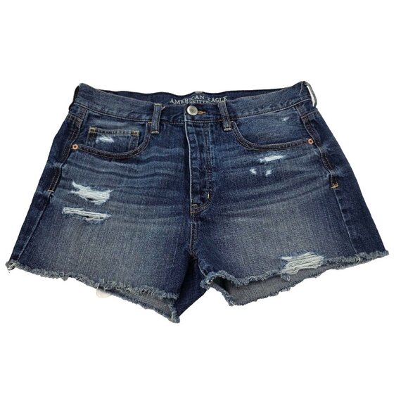 American Eagle Cut Off Button Fly Jean Shorts Jorts Womens 10 Distressed Cotton - Picture 1 of 11